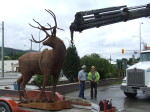 Rigging in place - time for Central Hardware to lift the Majestic Metal Art deer sculpture into its new home in Enderby BC