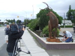 Media film artist Braden Kiefiuk installing his deer sculpture in Enderby