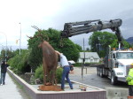 Central Hardware's crane finishes lifting artist Braden Kiefiuk's metal deer sculpture into place in Enderby