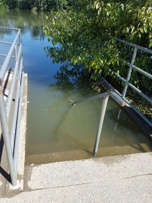 Riverwalk stairwell partially submerged by Shuswap River