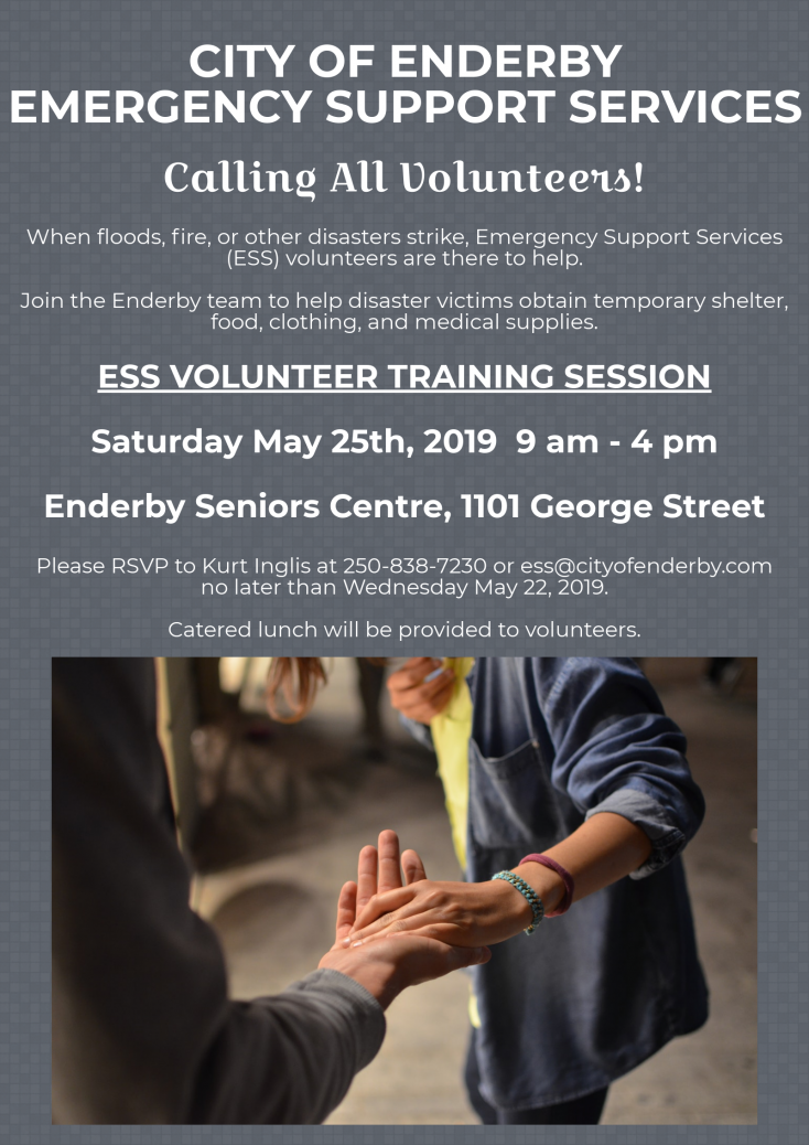 Poster for Enderby ESS Volunteer Training Session on May 25 2019