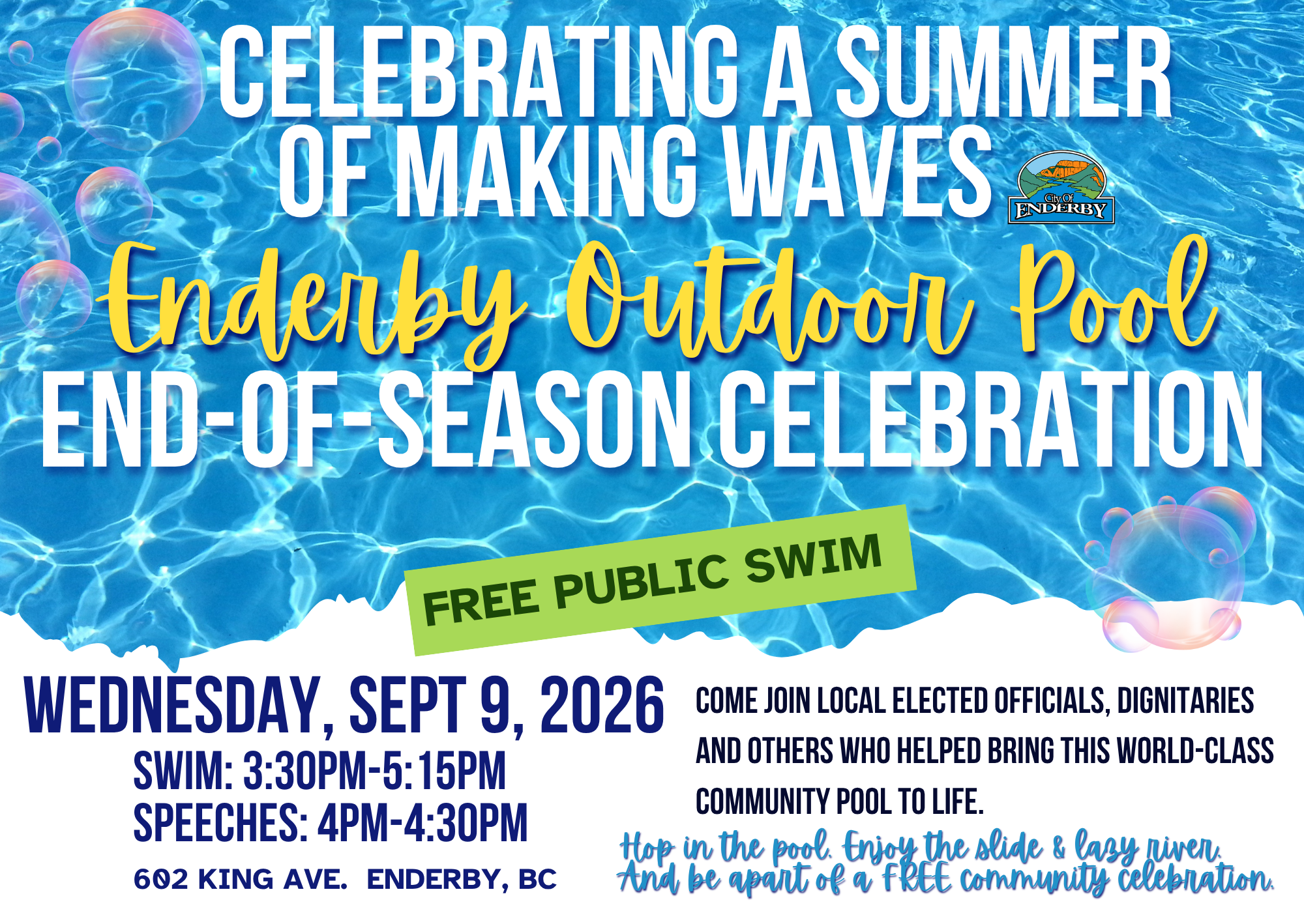 Free Public Swim Enderby Outdoor Pool Celebration